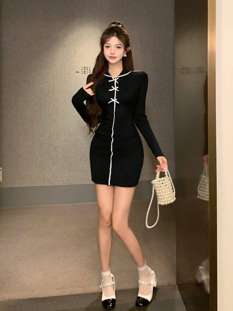 Women's Autumn/Winter Colorblock Bow Fitted Mini Sweater Dress,Fall Women Clothes