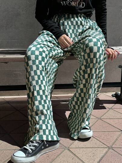 FRIFUL Women Casual Checkered Print Loose Fit Pants, For Autumn Checkerboard