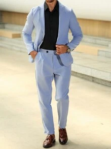 Manfinity Mode Bộ quần áo vest nam cổ lọ tay dài cài nút phía trước màu trơn, quà tặng cho bạn trai - Màu Lilac Tím - Xem 5