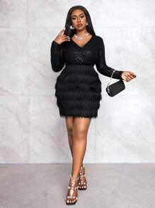 Slaydiva 大码优雅性感纯色亮片女式紧身迷你连衣裙