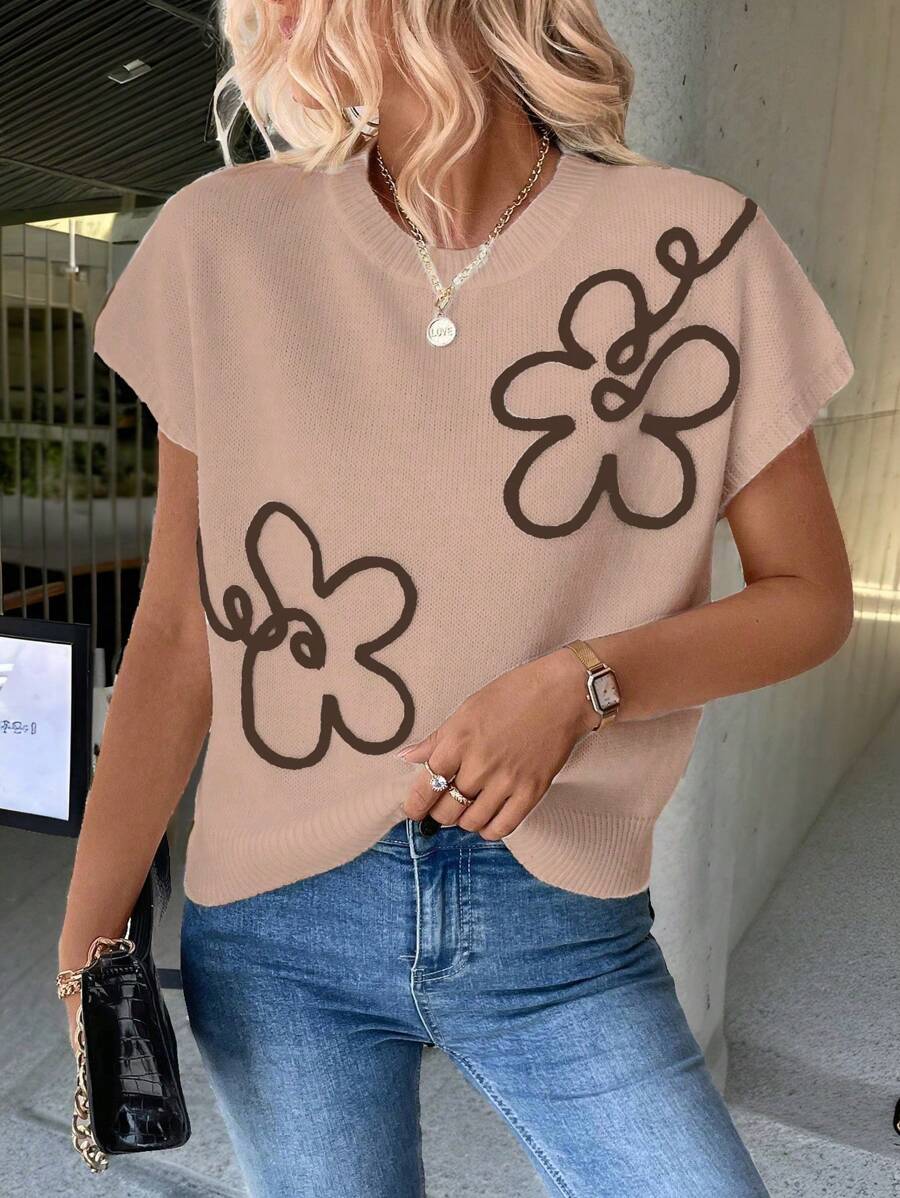 SHEIN LUNE Women Floral Pattern Round Neck Loose Short Sleeve Knitted Sweater