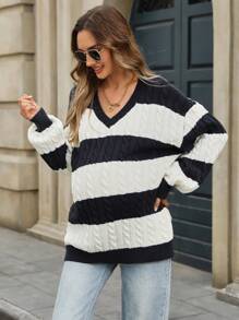 SHEIN Pregnant Women Color Block Stripe V-Neck Twist Knit Sweater For Autumn/Winter, For Maternity - Blue and White - View 1