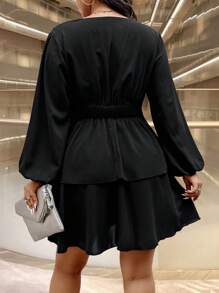 SHEIN Unity Vestido elegante de talla grande con unicolor, manga farol, adornado con perlas, para primavera y otoño - Negro - Ver 2