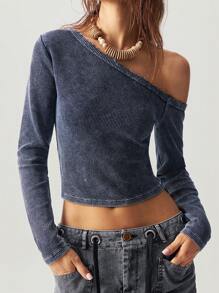 Bohemela Blusa de mujer de manga larga, ajustada, de punto, de unicolor y cuello asimétrico informal - Azul - Ver 2