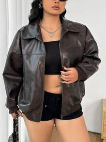 SHEIN EZwear Plus Size Casual Street-Style Drop Shoulder Loose Zip-Up Jacket With Side Pockets, PU Leather In Fall/Winter - Brown - View 3