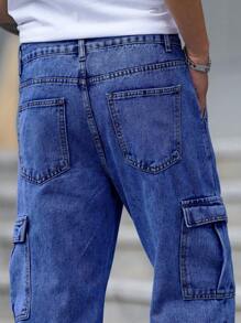 Manfinity Homme Celana Jeans Kargo Longgar Pria Warna Polos dengan Saku Tempel, Potongan Lurus Kasual - Medium Wash - View 7