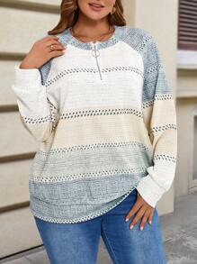 EMERY ROSE Sudadera de manga larga casual con media cremallera y estampado de rayas en talla grande, para otoño/invierno