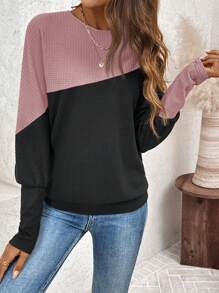SHEIN LUNE Women Casual Color Block Textured Waffle Fabric Sweatshirt, Autumn - Pink - View 4