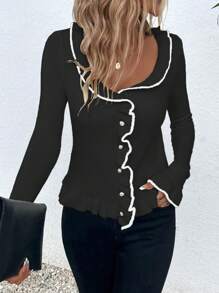 SHEIN LUNE Women's Autumn/Winter Patchwork Ruffle Flare Sleeve Single-Breasted Casual Cardigan - Black - View 7