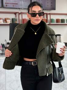 EURMUSE Motorcycle Jacket With Teddy Lining, Zipper, PU Leather - Black - View 3