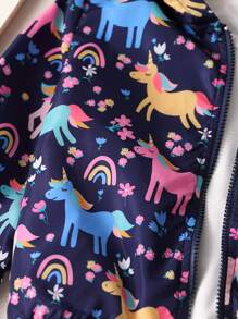 SHEIN 年轻女孩休闲百搭多场合秋冬新品可爱卡通独角兽和花卉印花连帽拉链夹克，藏青色，适合秋季、冬季、家居、日常穿着、保暖、防风、防雨、外套 - 藏蓝色 - 查看 4