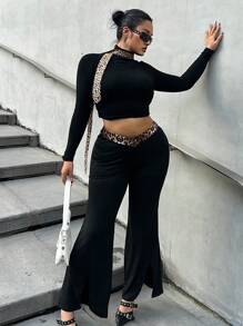 Flirla Damen große Größen Hose mit Leoparden-Muster Kontrast