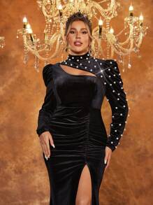 Glamrae 大码优雅华丽黑色天鹅绒不对称镂空手工订书珍珠长袖高开叉鱼尾拖尾哥特式万圣节舞会厚重晚礼服、正式礼服，适合婚礼嘉宾、毕业典礼、晚宴