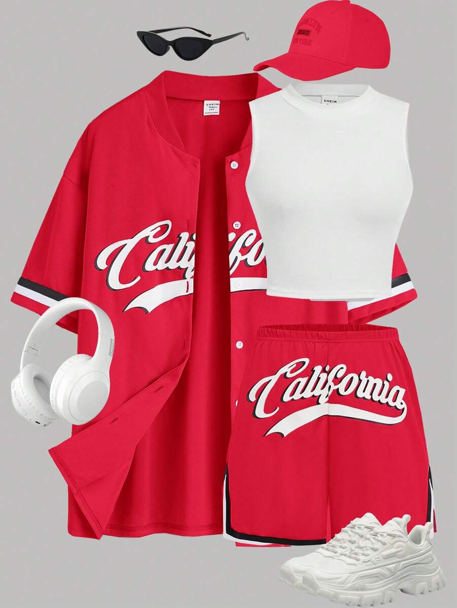 SHEIN Girlism 青少年女孩篮球球衣拼色条纹字母印花短袖衬衫、短裤、吊带背心运动休闲装 - 紅色 - 查看 1