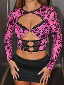 SHEIN ICON 春季黑色提花与带扣细节镂空前短款网眼上衣 - 玫紅色 - 查看 5