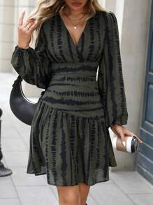 EMERY ROSE Women's Ruffle V-Neck Long Sleeve Zebra Print Party Dress, Fitted Waist Peplum Hem, Spring/Autumn