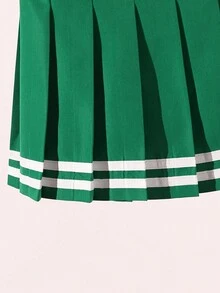 SHEIN Váy ngắn xếp ly chữ A viền ruy băng phối màu cho bé gái - màu xanh lá - Xem 3