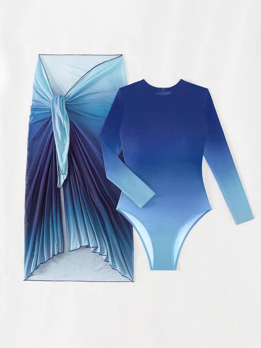 SHEIN Swim SPRTY Women's Ombre Long Sleeve Surfing Bodysuit With Mesh