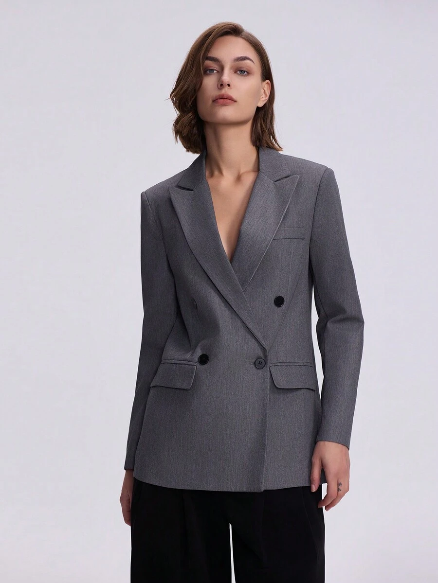 女士长袖双排扣休闲商务西装外套 - 深灰色 - 查看 1