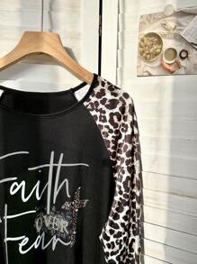 SHEIN LUNE Women Leopard Patchwork Letter Print Round Neck Raglan Sleeve T-Shirt, Autumn Fall Cloth For Women - Black - View 3