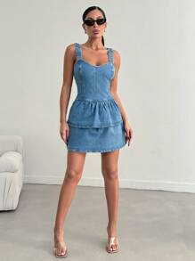 EURMUSE Casual Generic Denim Dress With Zipper - Light Wash - View 3