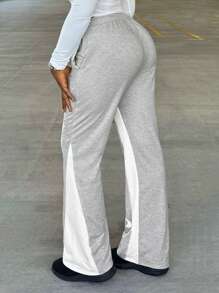 VaVaBold Casual Sporty Letter Print Contrast Trim Loose Wide Leg Women's Sweatpants, Suitable For Daily, Leisure, Sports And Street Fashion