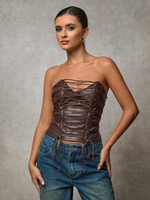 SHEIN BAE 1 件女士棕色 PU 皮革露背无袖上衣，交叉款式，适合万圣节、秋季 - 棕色 - 查看 4