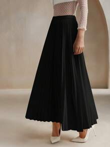 Anewsta Chân váy maxi xếp ly dáng chữ A màu trơn, cạp chun, phong cách thành thị hiện đại dành cho nữ. - màu đen - Xem 4