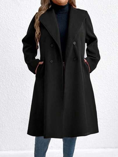 SHEIN Clasi Plus Size Plain Double Breasted Pocket Casual Long Sleeve Overcoat, Winter Fall Cloth For Women Autumn