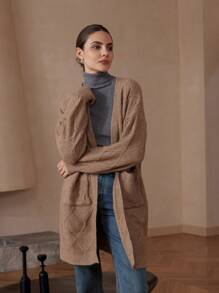 SHEIN Privé Retro Elegant Rhombus Pattern Ribbed Textured Long Knitted Cardigan - Brown - View 4