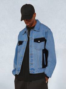SUMWON High Fashion Two-Tone Denim Trucker Jacket With Modern Nylon Insert Panels Streetwear Double Pocket Design For Winter Fall Fashion