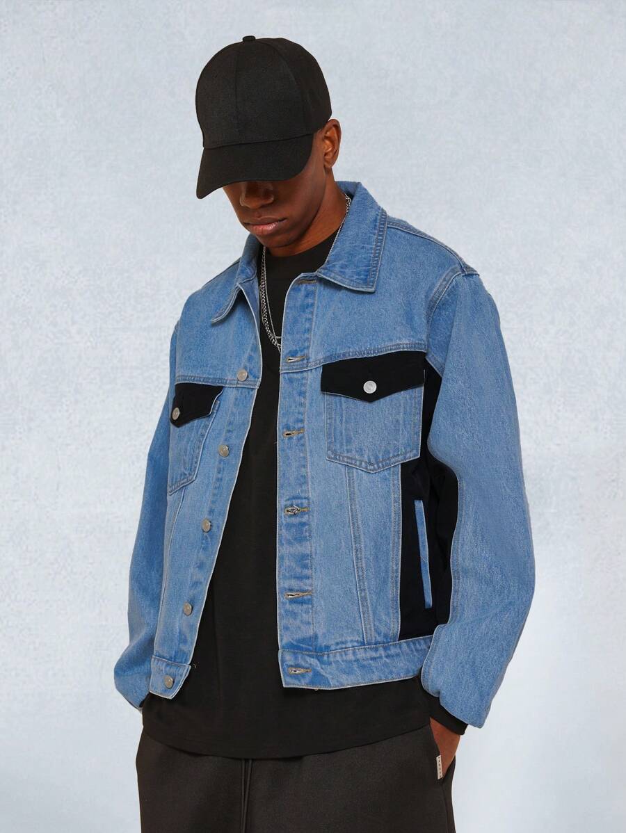 SUMWON High Fashion Two-Tone Denim Trucker Jacket With Modern Nylon Insert Panels Streetwear Double Pocket Design For Winter Fall Fashion