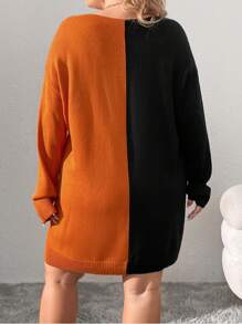 SHEIN CURVE+ Plus Size Casual Punk Colorblock Orange Smiling Face Pattern Sweater For Halloween, Women Clothes - Multicolor - View 2