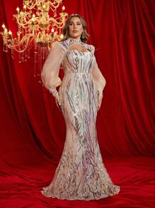 Glamrae 大码香槟金奢华串珠拼布欧根纱镂空领泡泡袖美人鱼优雅正式晚礼服，长袖连衣裙，适合婚礼嘉宾、毕业典礼、晚宴 - 香檳色 - 查看 3