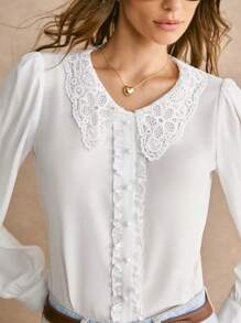 Poéselle 女士秋季撞色蕾丝灯笼袖宽松优雅衬衫，2024秋冬装 - 白色 - 查看 2