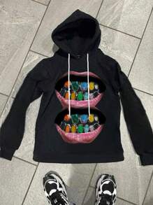 Manfinity EMRG Men's Autumn/Winter Lip Print Drawstring Hooded Sweatshirt, Graphic Sweatshirt, Winter Men Clothes - Black - View 1