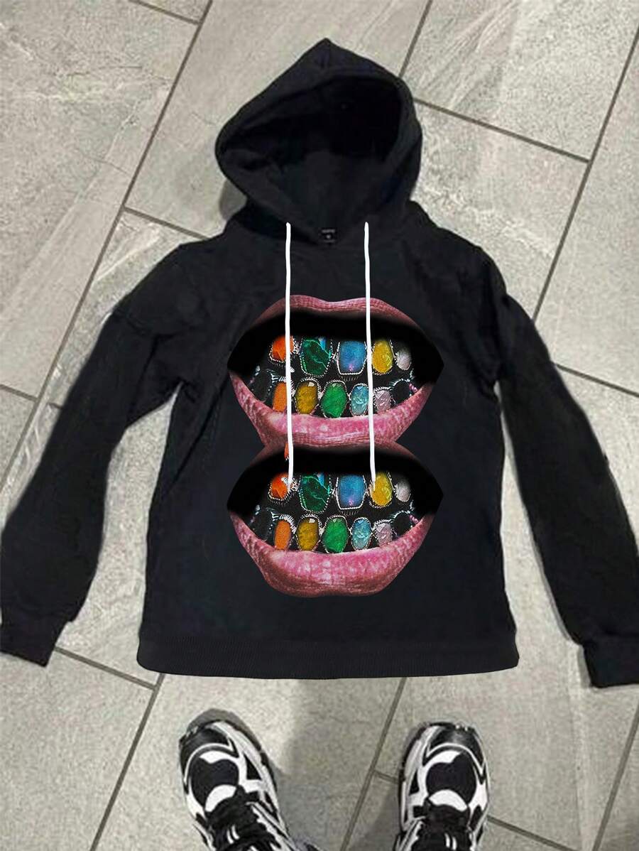 Manfinity EMRG Men's Autumn/Winter Lip Print Drawstring Hooded Sweatshirt, Graphic Sweatshirt, Winter Men Clothes - Black - View 1