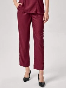 TaskEZ Burgundy Red Women Simple Badge Detail Waist Fitted Short Sleeve Top And Pants Work Uniform - Burgundy - View 7