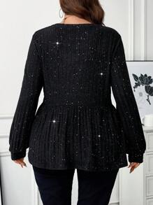 SHEIN LUNE Plus Size Kobiety Jesień/Zima Święta Impreza Długi Rękaw Brokat Casual T-shirt Boże Narodzenie - Czarne - Zobacz 2