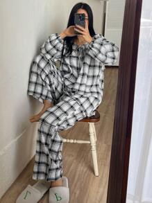 DAZY Plaid Tie Collar Loose Pajama Set - Black and White - View 4