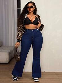 SHEIN SXY Quần Jeans Ống Loe Lưng Cao Co Giãn Cho Nữ Cỡ Lớn, Ôm Sát, Thích Hợp Cho Mùa Thu Đông - Màu xanh lam - Xem 1