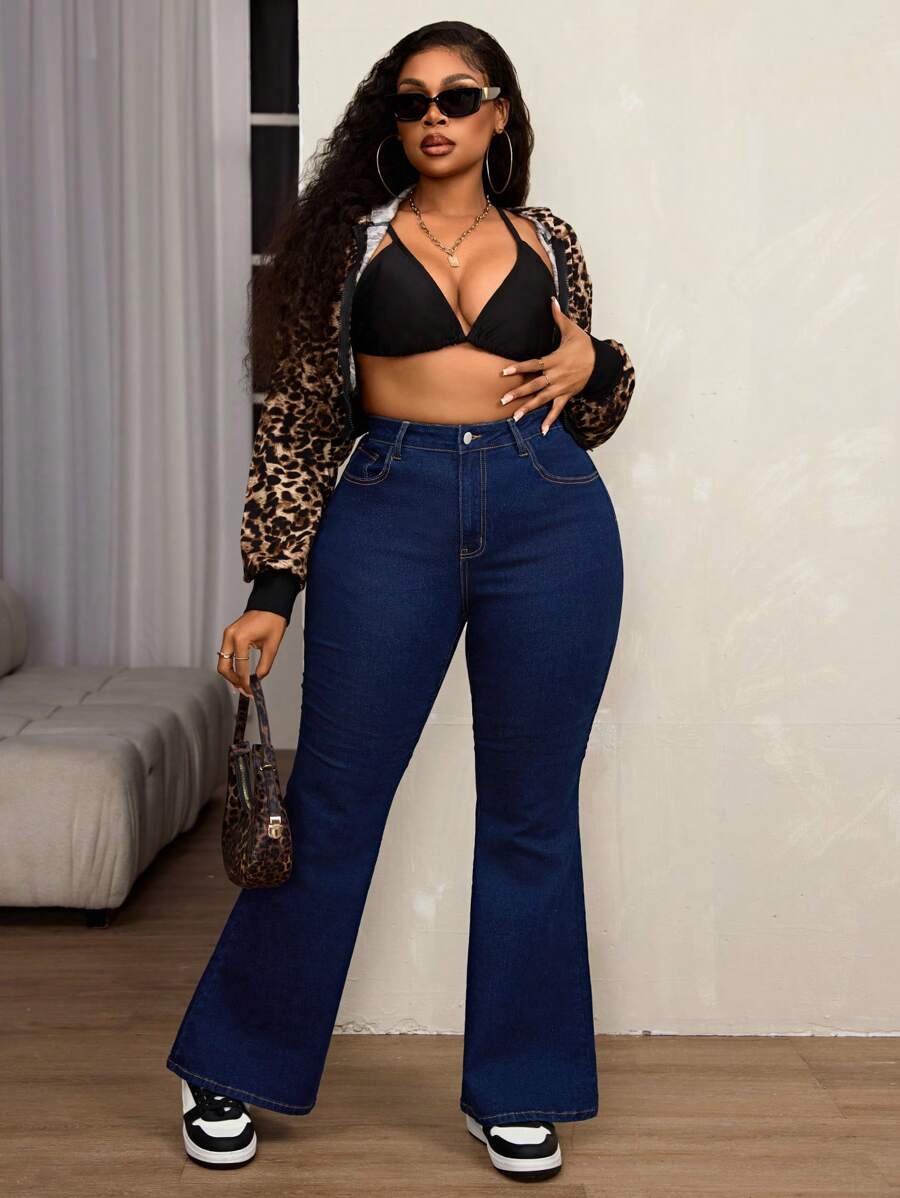 SHEIN SXY Quần Jeans Ống Loe Lưng Cao Co Giãn Cho Nữ Cỡ Lớn, Ôm Sát, Thích Hợp Cho Mùa Thu Đông - Màu xanh lam - Xem 1