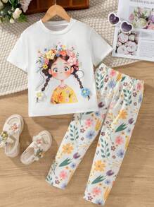 SHEIN 2pcs Young Girl Cartoon Character Print Short Sleeve Top And Flower Pattern Long Pants Set, Casual Wear For Winter - Multicolor - View 1