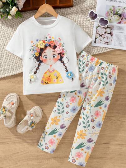 SHEIN 2pcs Young Girl Cartoon Character Print Short Sleeve Top And Flower Pattern Long Pants Set, Casual Wear For Winter