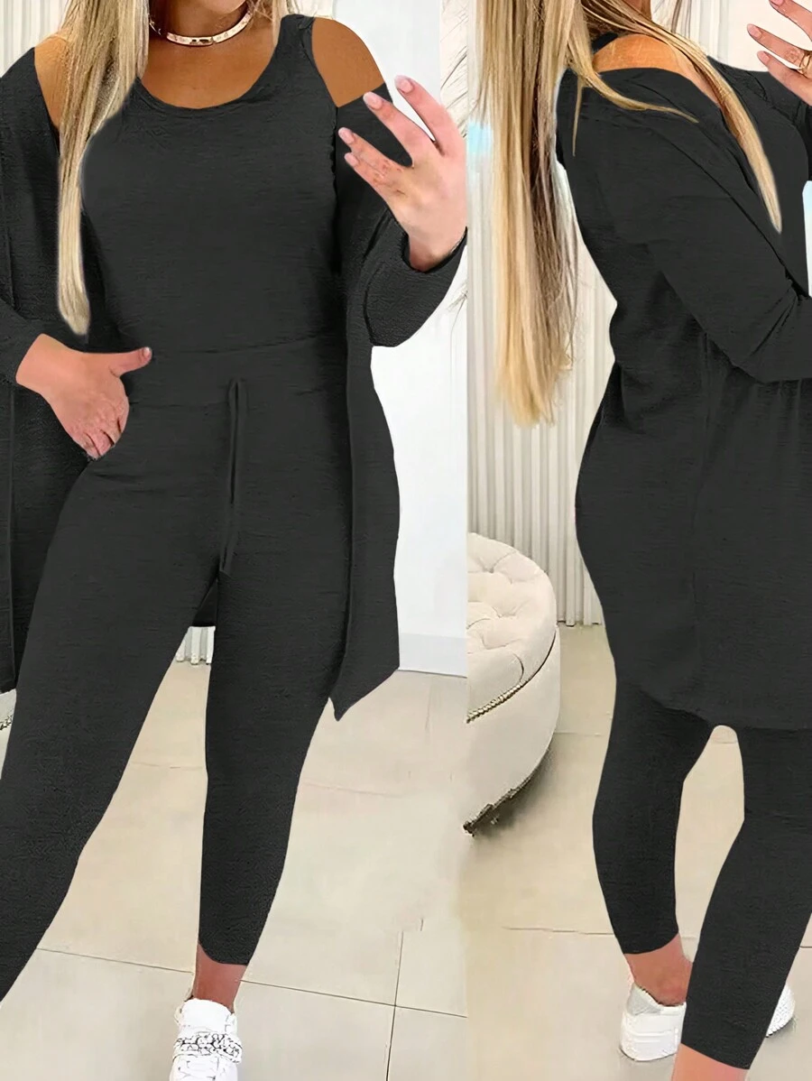 INAWLY 3pcs/Set Women Solid Color Long Sleeve Jacket, Round Neck Vest And Leggings Casual Outfit Fall Cloth For Women