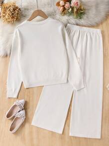 SHEIN 女童花卉印花 V 领宽松落肩开衫和阔腿针织裤两件套服装 - 白色 - 查看 2