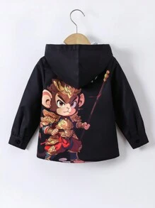SHEIN 年轻男孩时尚趣味猴子卡通图案撞色连帽外套，适合户外、学校等各种场合，时尚舒适，秋冬 - 彩色 - 查看 1
