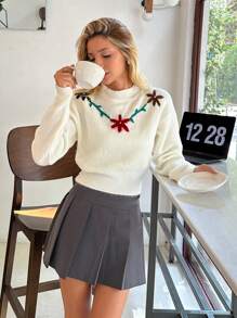 Women Solid Color Hairy Yarn Flower Accessory Detailed Pullover - White - View 4