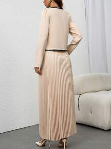 Chiquease Set de 2 piezas: Blusa de manga abullonada con ribete de color contrastante y falda plisada, para el otoño