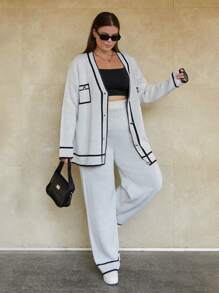 EURMUSE Plus Size Woman Cardigan Set Elegant Button And Pocket Look Detailed Comfy Warm Sweater Pants Co-Ords, For Winter